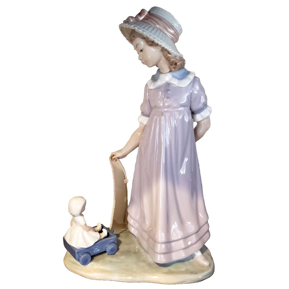 Lladro  #5044 Girl w/ Toy Wagon (Pulling Doll Carriage) Porcelain Figurine 11"